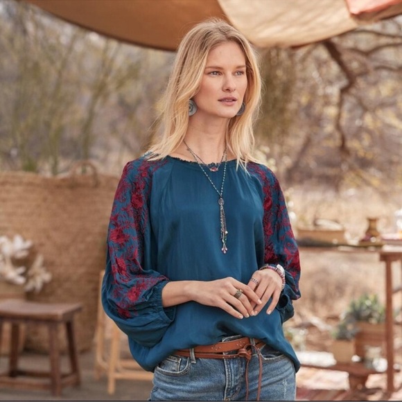 Sundance Parlor Blooms Boho Floral Embroidered Balloon Sleeve Blouse Top size XS - Picture 1 of 12